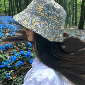 Boutique Two Tone Blue and Yellow Dainty Floral Print Reversible Bucket Hat OSFM